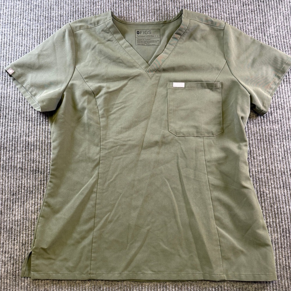 FIGS SCRUB TOP LARGE OLIVE GREEN TECHNICAL FABRIC V-NECK SHORT SLEEVE CASMA TOP